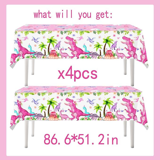4ps Dinosaur Party Table Cloths Pink Dinosaur Birthday Disposable Plastic Tablecover Tablecloth Watercolor T-Rex Dino Party Supplies Decorations for Girls 1st 2nd 3rd 10th Dino Bday Decor