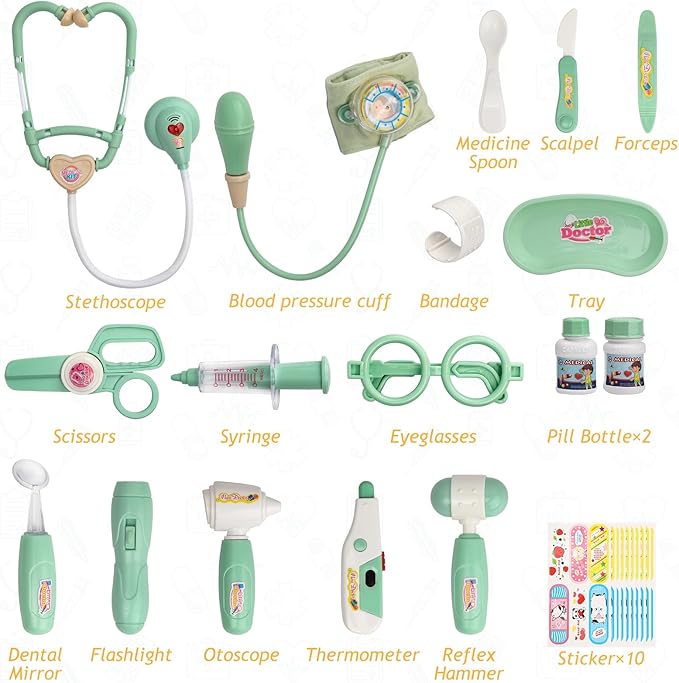 Liberry Doctor Kit for Toddlers 3 4 5 Years Old, 30-Piece Kid Doctor Toy with Stethoscope, Costume, Green Medical Pretend Play, Birthday Gift for Girls Boys