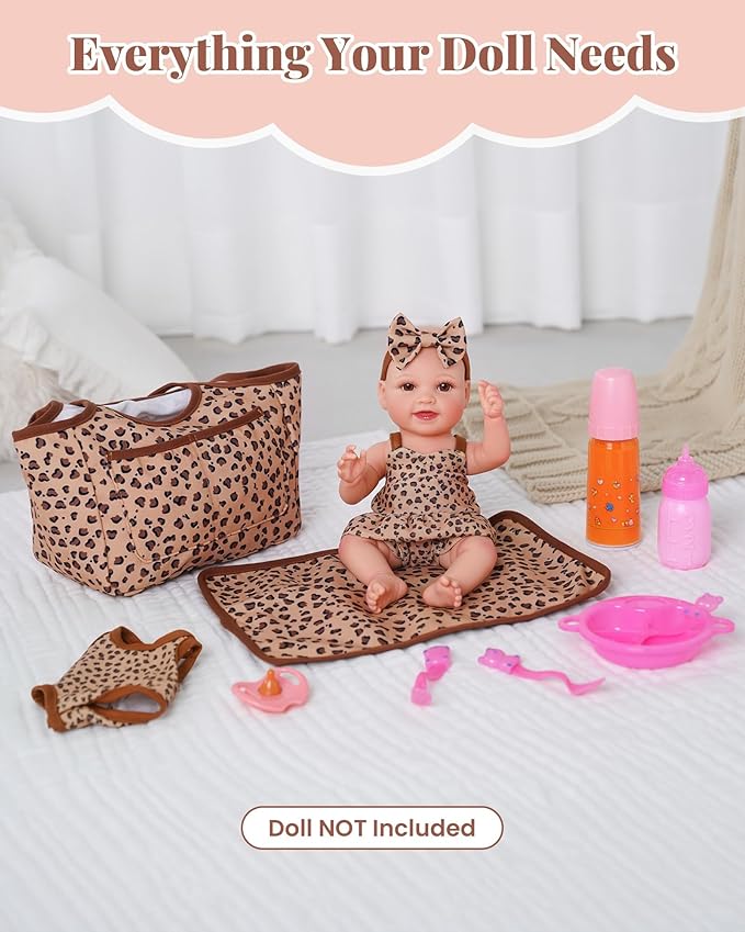 BABESIDE 13Pcs Baby Doll Clothes and Accessories for 10-12 inch Dolls, Baby Doll Feeding and Care Set with Carry Bag, Bottles, Tableware, Baby Doll Outfit for Doll Girl Boy (Leopard Pattern)
