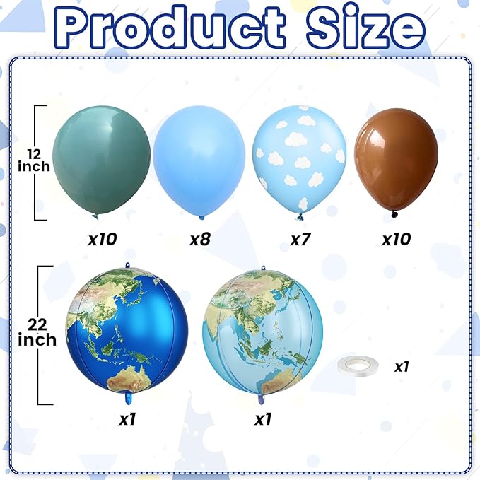 Earth Balloons, 12 Inch Dusty Blue Coffee Cloud Print Balloon with Earth Globe Foil Balloons for Boys Travel Theme Space Theme Party Earth Day Retirement Party Decorations