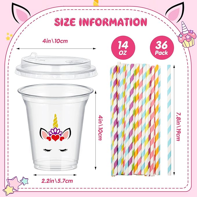 Boao 36 Sets Unicorn Party Cups with Lids and Paper Straws 14 oz Unicorn Birthday Party Supplies Favors Disposable Clear Plastic Cups Bulk