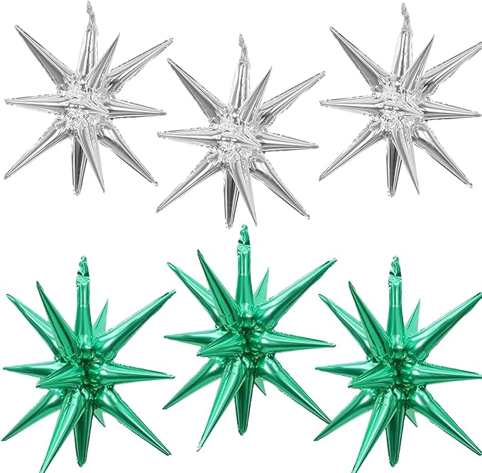 6 Pcs Silver Star Foil Balloons One-Piece 14-Pointed Star Balloon 4D Starburst Cone Mylar Balloon 22inch Christmas Birthday Wedding Wedding Anniversary Party Supplies (Silver + Green)