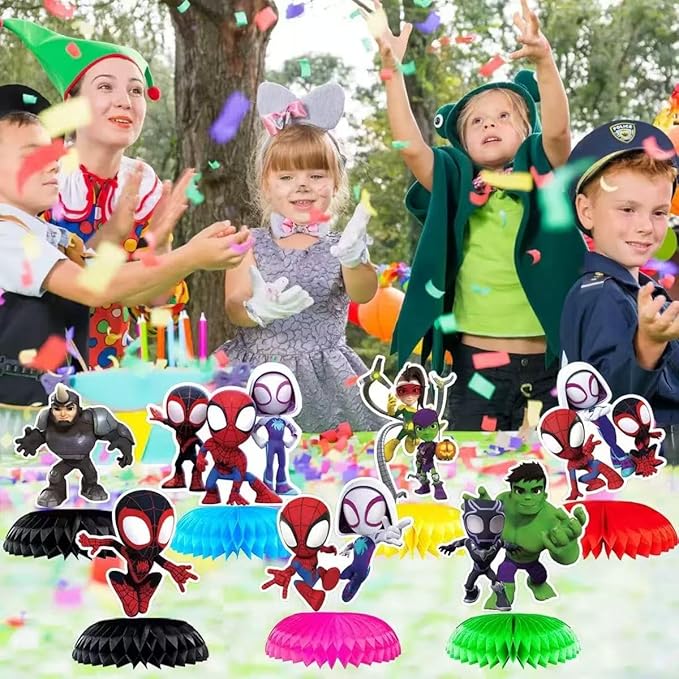 7Pcs Spidey and His Friends Honeycomb Table Centerpiece, Cartoon Birthday Party Supplies Table Decorations for Kids Party Decorations