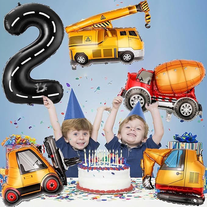 Construction Birthday Decorations 2 Year Old, Large Construction Balloons 40Inch Racetrack Black Number 2 Balloons Construction Truck Foil Balloons for Boys 2nd Construction Birthday Party Supplies