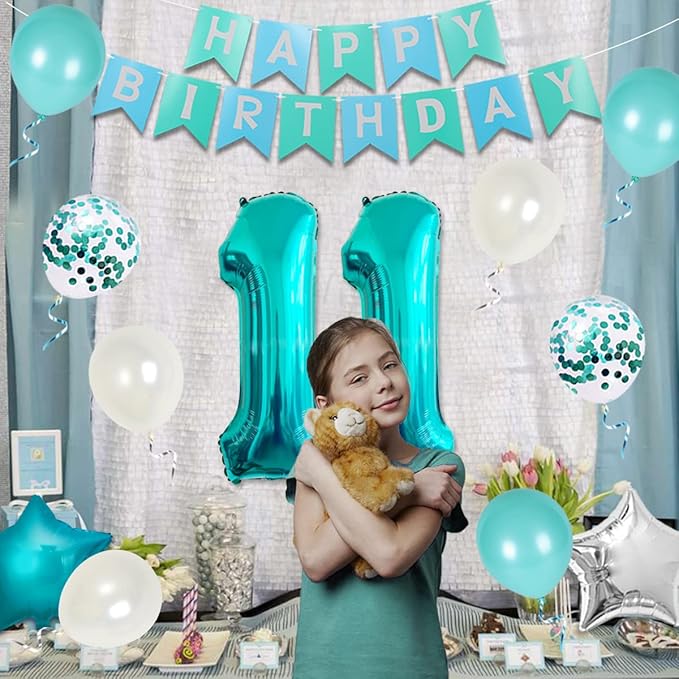 11th Birthday Decorations for Girls Teal - Happy 11th Birthday Decorations Eleventh Cake Topper Teal Fringe Curtain Turquoise Banner Number 11 Foil Balloon, 11 Year Old Girl Party Decor