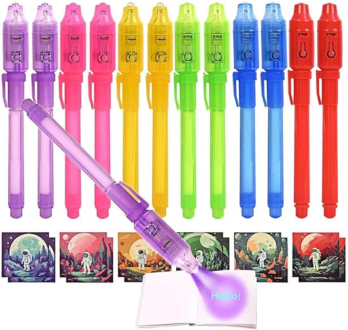 12 Pack Upgraded Invisible Ink Spy Pen with Notebook & UV Light Magic Marker, for Secret Messages Birthday Party Easter Halloween Christmas Goodie Bag Gifts for Kids Ages 3+