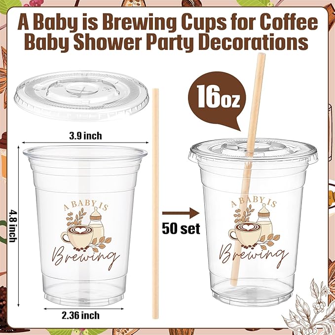 50 Pcs A Baby Is Brewing Plastic Cups Coffee Theme Tumblers Bulk Brown Brewing Baby Shower Party Decorations Disposable Cups for Coffee Theme Gender Reveal Party Supplies