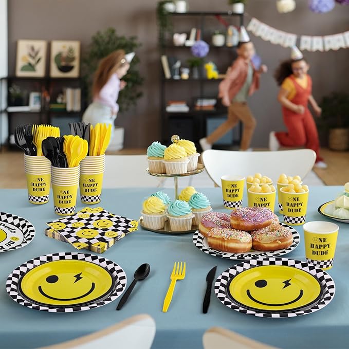 durony 196 Pieces One Happy Dude Birthday Party Decorations First Birthday Smile Face Party Tableware Set Smiley Plates Cups Napkins Forks for One Happy Dude Party, 1st Party, Serve 28 Guest