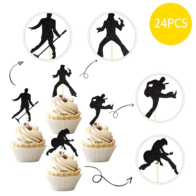24 PCS Rock Band Cupcake Toppers Black Glitter Rock Pop Music Theme Cupcake Picks Music Concert Theme Birthday Party Cake Decorations Supplies