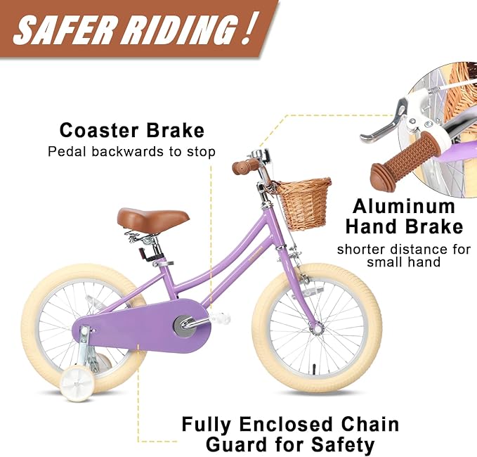 Petimini Vintage Kids Bike for Girls, 12–20 Inch Classic Bicycle with Wicker Basket & Bell, High Tensile Steel Frame, Training Wheels (12–18”), 85% Pre-Assembled, Retro Bike for Outdoor Riding