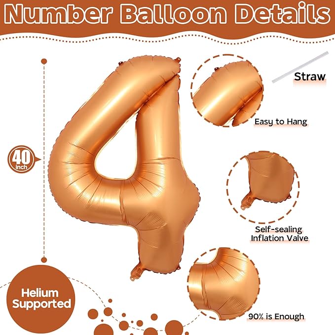 Large Foil Number 4 Balloons, 40 Inch Number Balloon 4 Decor for Boys, Mylar Helium Self Inflating Orange 0-9 Set Balloon for Kids Girls 4th Birthday Anniversary Celebration Party Decorations Supplies