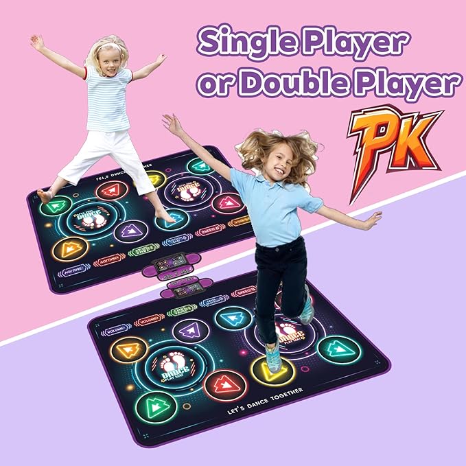 Dance Mat with Music and Lights for Kids, Light-Up 2-Player Interactive Musical Dance Play Mat with Bluetooth, Anti-Slip Indoor Active Play Toy Birthday Gift for Boys Girls 3-12