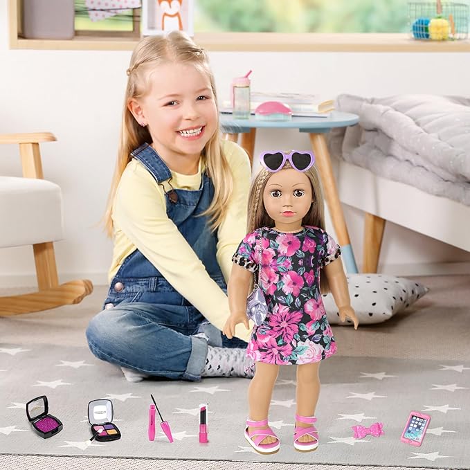 American 18 Inch Doll Makeup Accessories and Clothes,Messenger Bag Set for 18 Inch Dolls Include Sunglasses Phone Lipstick Eyelash Brush Eye Shadow Blusher Butterfly Hair Clip and Shoes