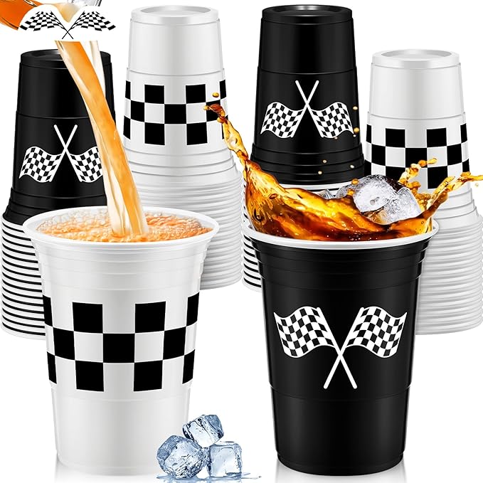 Norme 48 Pcs Checkered Cups Checkered Flag Party Supplies Bulk 16 oz Disposable Race Car Cups Thick White Black Cup for Racing Themed Birthday Party