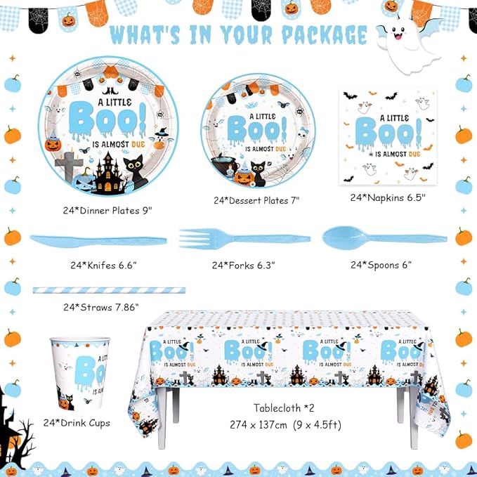 194Pcs Halloween Baby Shower Decorations for Boy A Little Boo is Almost Due Baby Shower Party Plates, Cup, Napkin, Tablecloth, Tableware, Halloween Themed Party Supplies Plates Serve 24 Guests