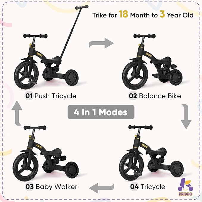 KRIDDO 4-in-1 Kids Tricycle for 1.5 to 3 Yea Old with Parent Steering Push Handle, 12 Inch Front Wheel Trike, Toddler Balance Bike for Boys Girls 18 Month to 3 Years, Adjustable Height, Black