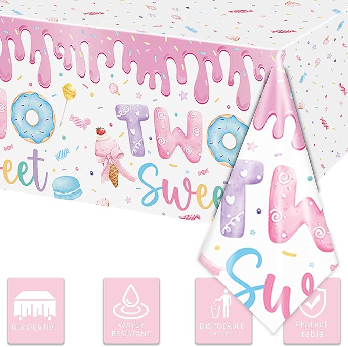 3 Pack Two Sweet Donut Birthday Party Tablecloths Decorations Girls for Children 2nd Birthday Supplies Table Decor 54 x 108 Inch