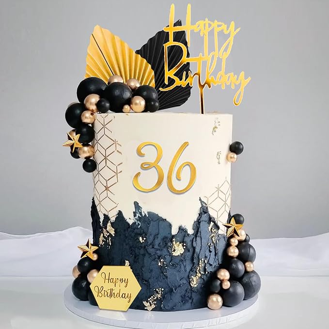 44Pcs Balls Cake Topper Man Cake Decorations with Black Gold Balls Palm Leaves Acrylic Numbers 0-9 and Happy Birthday Cake Toppers for Men Boy Black Theme Birthday Baby Shower Wedding Party Supplies