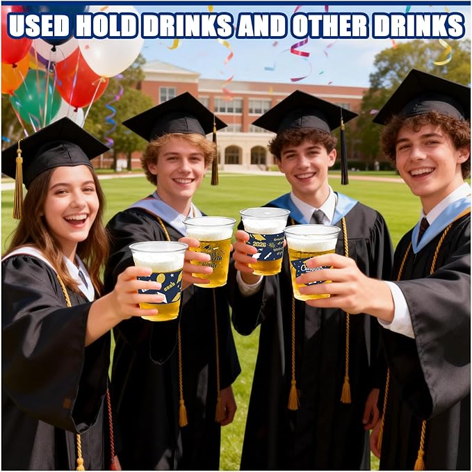 GuassLee Navy Blue and Gold Graduation Decorations Class of 2026, 50 Pack 12 oz Graduation Plastic Disposable Cups for Drinks 2026 School Grad Party Favors Supplies