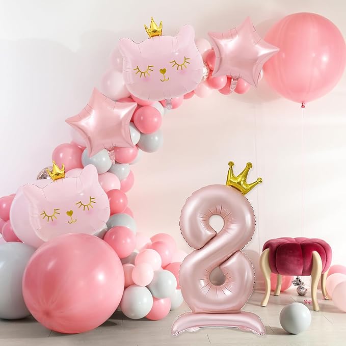 Pink Cat Balloon Set, Crown Cat Foil Balloon, 8 Year Old Girl Birthday Party Decoration, Cat Theme Party Decoration, Theme Party Supplies for Girls Kitten Pet Cat (8)