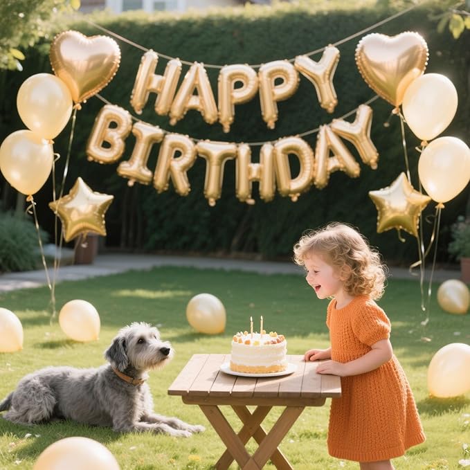 27 Pcs Champagne Gold Birthday Decorations, 3D Letters Champagne Gold Happy Birthday Balloon Banner, Pentagram Heart Foil Balloons Confetti Balloons Kit For Boys Girls Party Supplies
