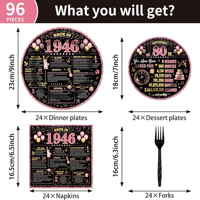 96Pcs 80th Birthday Decorations Women Tableware Set Rose Gold Back in 1946 Paper Plates Napkins Forks Cheers to 80 Years Disposable Tableware Decor for 80th Bday Theme Party Favor Serve 24 Guests