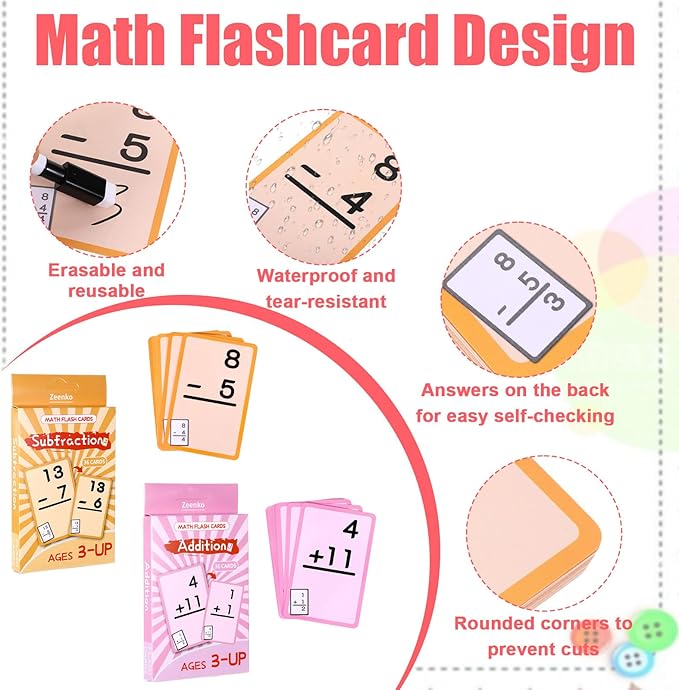 72 Pcs Math Flash Cards, 1-20 Addition and Subtraction Flash Cards for Studying, Math Manipulatives for Kindergarten Elementary Homeschool Classroom, Learning & Education Math Games for Kids Ages 4-12