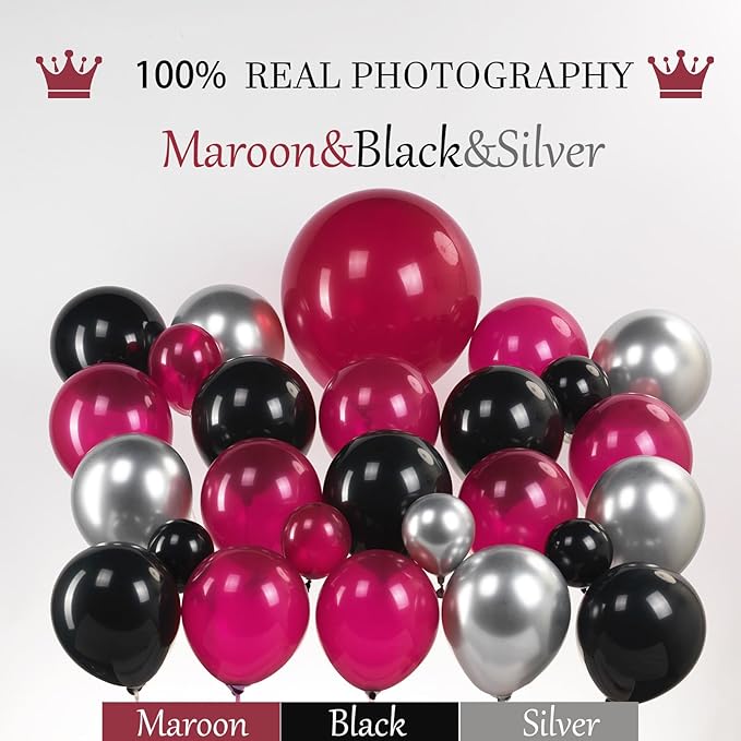 Black Maroon and Silver Balloon Garland Arch Kit 160+ Pieces with Maroon and Silver Stars for 2026 Graduation Class Decorations Birthday Party Retirement Prom Masquerade Anniversary Decorations