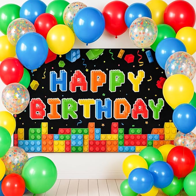 Blosssound Building Block Birthday Party Decorations Color Block Backdrop Banner Decor 114 Pcs Brick Theme Balloons Arch Kit for Men Women Building Party Favors Supplies