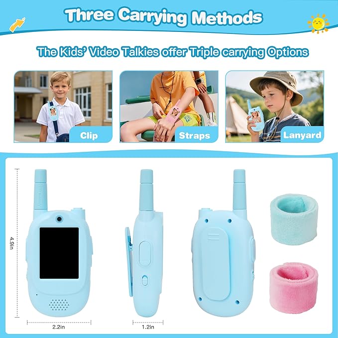 Video Walkie Talkies for Kids, Blue/Pink 2 Pack 1000 mAh Rechargeable Long Range Video walkie talkies, 3 Wearing Options Indoor Outdoor Toys for Family Games, Outside, Gifts for Boys Girls Ages 3-12