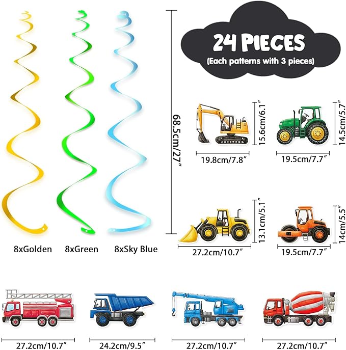 WERNNSAI Construction Hanging Swirls -24 PCS Construction Party Decorations Construction Zone Party Ceiling Swirls Dump Truck Foil Wall Ceiling Streamers for Boys Baby Shower Birthday Party Supplies