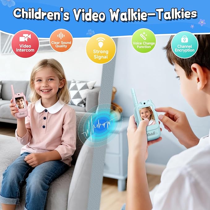 Video Walkie Talkies for Kids, Handheld 2 Pack Rechargeable Video Intercom Kids Walkies Talkies, Indoor Outdoor Toys for Family Games, Outside, Camping, Hiking for Boys Girls Ages 3-12 (Blue/Pink)