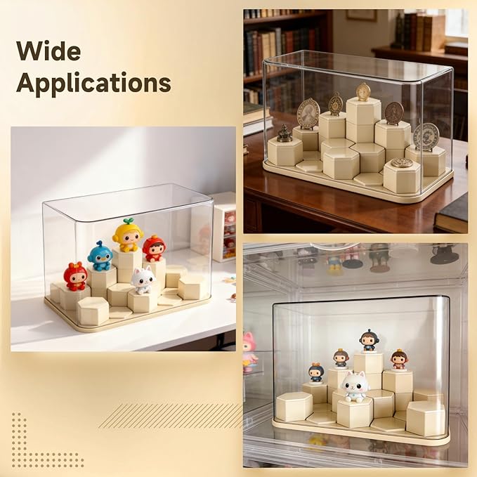 DIY Stackable Figure Display Case, Acrylic Display Box with 14 Movable Hexagonal Blocks, Large Dustproof Showcase Box, Clear Display Cabinet for Collectibles Action Figures Miniatures
