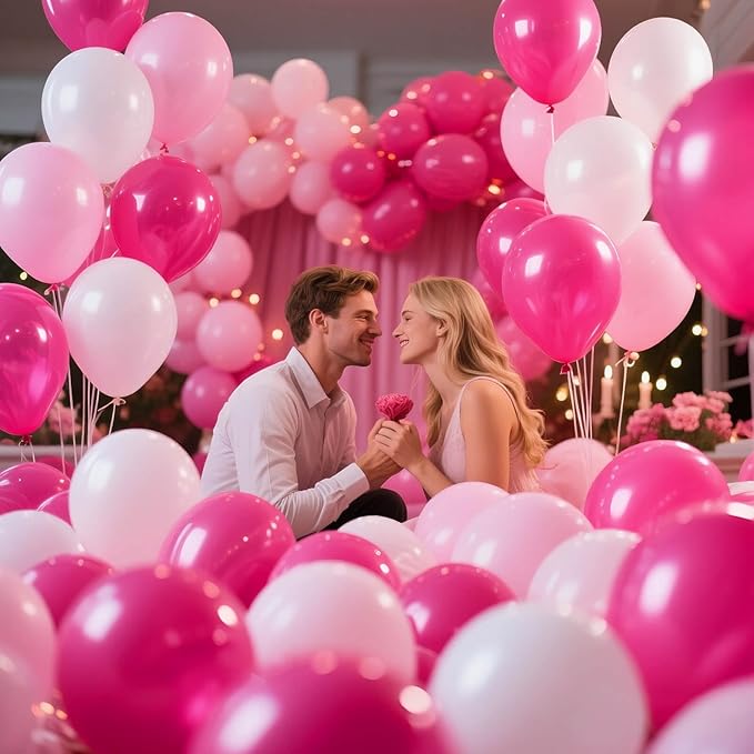 Pink White Balloons 100pcs 12 inch Hot Pink Pastel Pink White Balloons with 2 Ribbon for Mother's Day Valentine's Day Girl's Woman's Birthday Bridal Shower Wedding Party Decorations