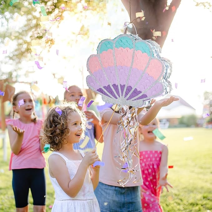 Wernnsai Mermaid Seashell Piñata - Pink Shellfish Piñatas for Kids Girls Birthday Mermaid Princess Party Decorations Under The Sea Ocean Theme Party Games With Bat Blindfold 16“ x 12.5" x 3"