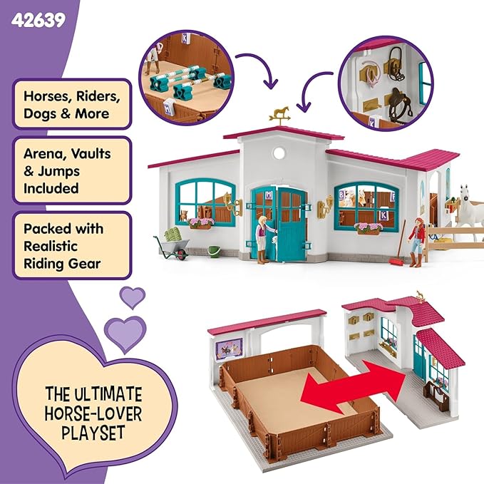 Schleich Horse Club - 179PC Peppertree Riding Arena Horse Playset with Real Dressage Cards - With Stable Set, 2 Horses, 3 Rider Figurines, Cards and Accessories - Toys for Girls & Boys Ages 5+ | 42639