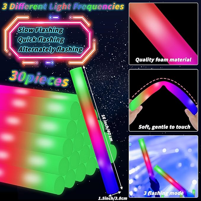 Glow Sticks Bulk Party Pack, 60 Pcs: Light Up Glasses, Foam Glow Sticks, Neon Accessories, Glow in the Dark Party Supplies Set for Disco, Wedding, Birthday, Concert, Halloween, Raves