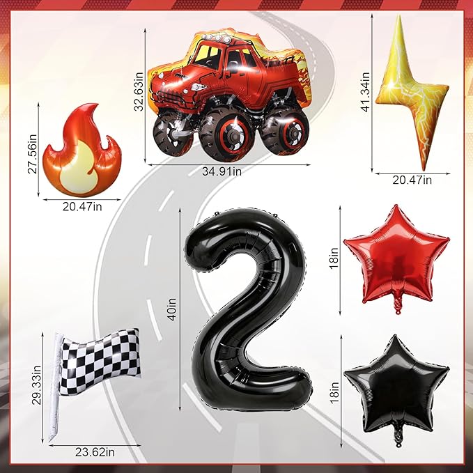 Truck Number 2 Balloons, Huge Truck Flags Lightning Flame Stars Aluminum Foil Balloons for 2nd Birthday, Race Car Theme Party Decorations Supplies