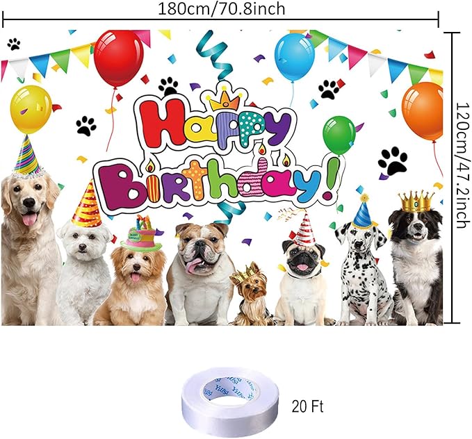 Dog Birthday Backdrop, Polyester, 70.8 x 47.2 Inch, Includes Backdrop Banner and 20 feet Long String, for Home Indoor Outdoor Decorations Supplies