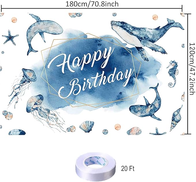Blue Ocean Happy Birthday Backdrop Decorations Marine Animals Happy Birthday Banner Blue Ocean Photo Background for Home Indoor Outdoor Birthday Party Decorations Supplies 70.8 x 47.2 Inch