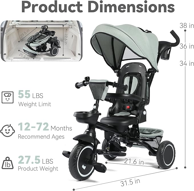 8 in 1 Kids Tricycle, Folding Toddler Tricycle w/Reversible Seat, Adjustable Push Rod & Canopy, Baby Trike Toddler Bike w/Bell, 5-Point Harness, Extra Storage, Cup Holder, Pale Green