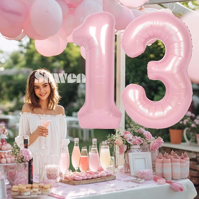 SUWEN 40 Inch Pink Large 13 Number Balloons Big Foil Helium Number Balloons 0-9 Jumbo Happy 13th Mylar Birthday Party Decorations for Girl or Women 31 Anniversary Party Supplies