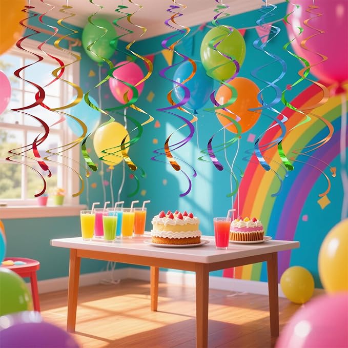 Colorful Ceiling Swirl Foil Decorations Hanging Plastic Streamer Themed Swirl Party Decoration for Wedding Thanksgiving Day Graduation Celebration, Pack of 28 (Rainbow)
