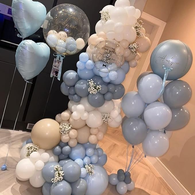 Dusty Baby Blue Gold Balloons, 12 Inch Maca Blue White and Metallic Gold Balloons for Boy Baby Bridal Shower Birthday Gender Reveal Wedding Party Decorations