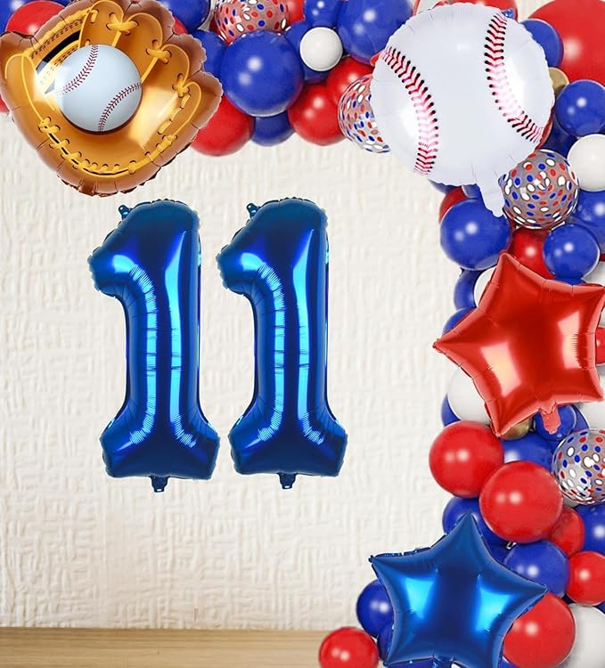 Baseball Balloons 11th Birthday Decorations for Boys | Baseball Birthday Decoration Sports Theme Party Supplies, 32Inch Foil Mylar Number 11 Balloon Navy Blue Red White Sports Balloon Arch Kits