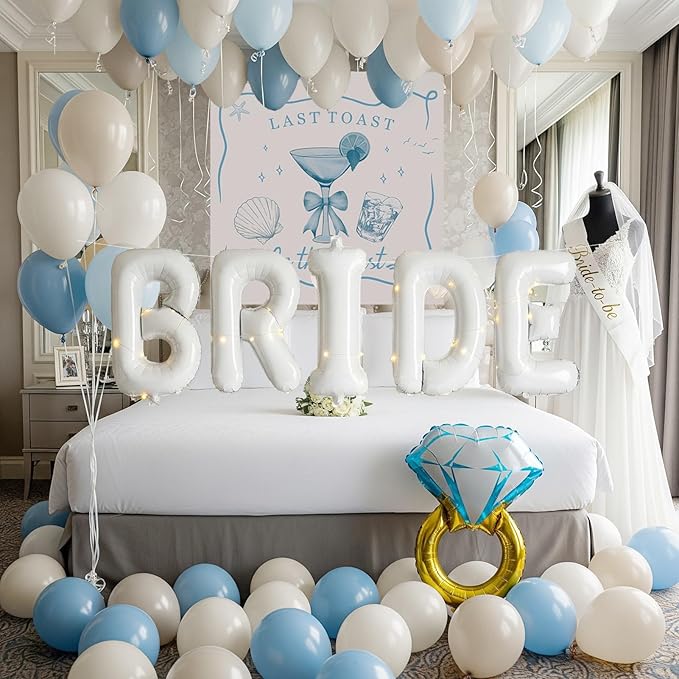 Last Toast on the Coast Bachelorette Decorations Blue bridal shower sand Balloon Garland Kit with Backdrop Huge 40 inch BRIDE letter Diamond Ring balloons for Hen Party Wedding Engagement supplies