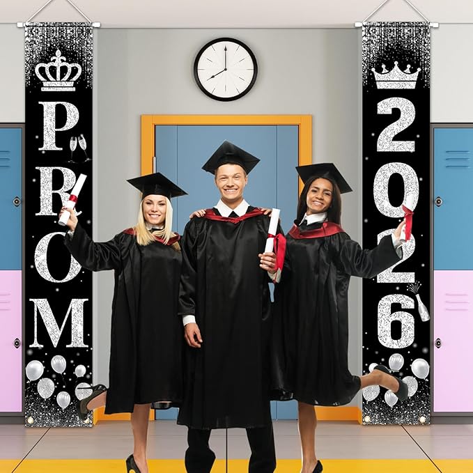 Prom Send Off Decorations 2026 Porch Sign, Black and Silver Prom Banner for Door 2026 Prom Decorations Door Banner Prom Party Decorations for High School College Graduation Prom Party Supplies