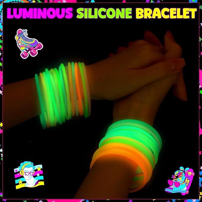 120 Pcs Roller Skate Party Supplies Roll Party Supplies Include Skate Keychain Glow in The Dark Silicone Wristband Luminous Bracelet Thank You Card for Retro 80s 90s Hip Hop Birthday