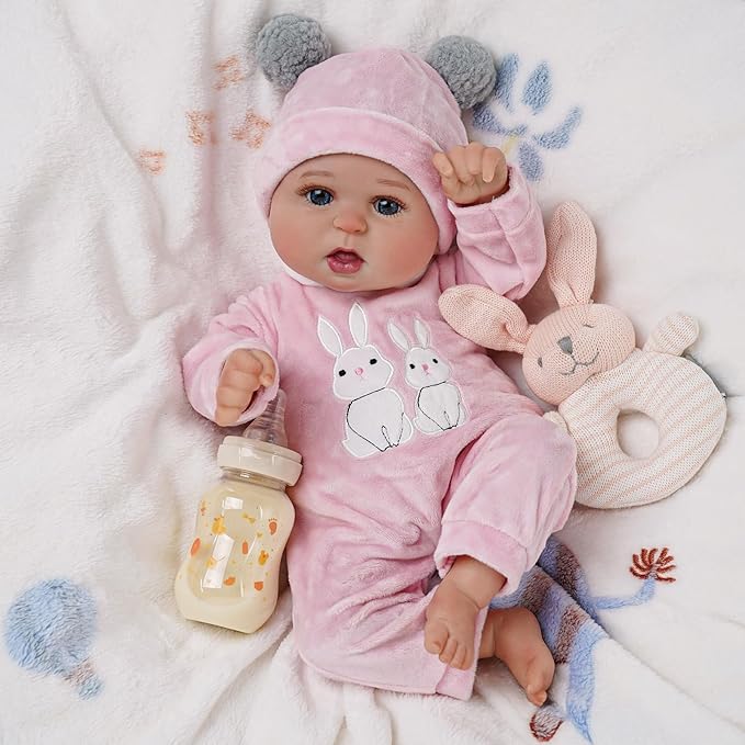 BABESIDE 2 Pcs Reborn Baby Doll Clothes with Hat for 17-22 Inch Babydolls, Cute Bunny Pattern Baby Dolls Outfits Doll Accessories fit Realistic Babydoll Girls, Pink