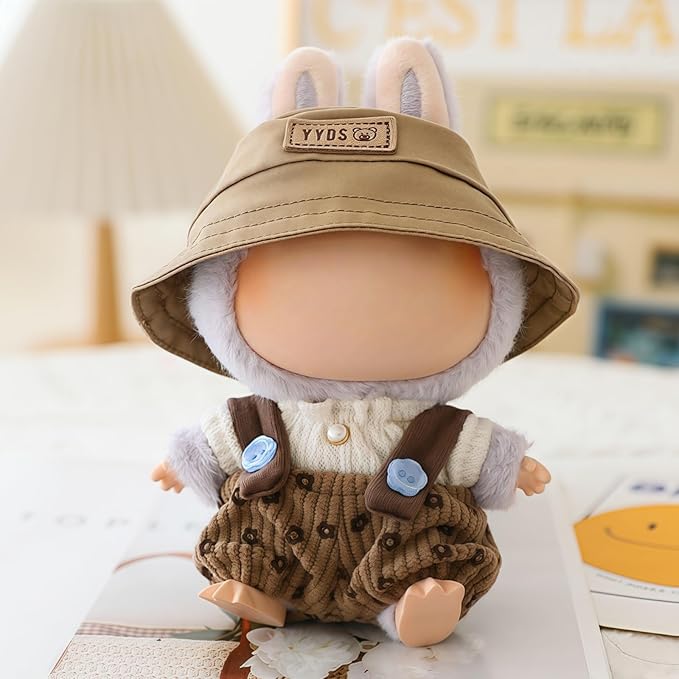 Clothes for Lu bubu 17cm Dolls Accessories(No Doll), Cute Outfit Set 3 Pieces Bib Pants Suitable for 17cm Doll Suit, Stylish Dress Up Overalls Doll Clothing Set Replacement with Hat Clothes Brown